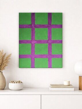 Handpainted Green Purple Abstract Grid Canvas Wall Art 11x14 Modern Decor